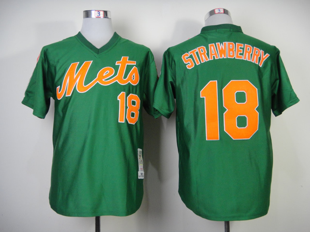 Men New York Mets #18 Strawberry Green Throwback 1985 MLB Jerseys->new york mets->MLB Jersey